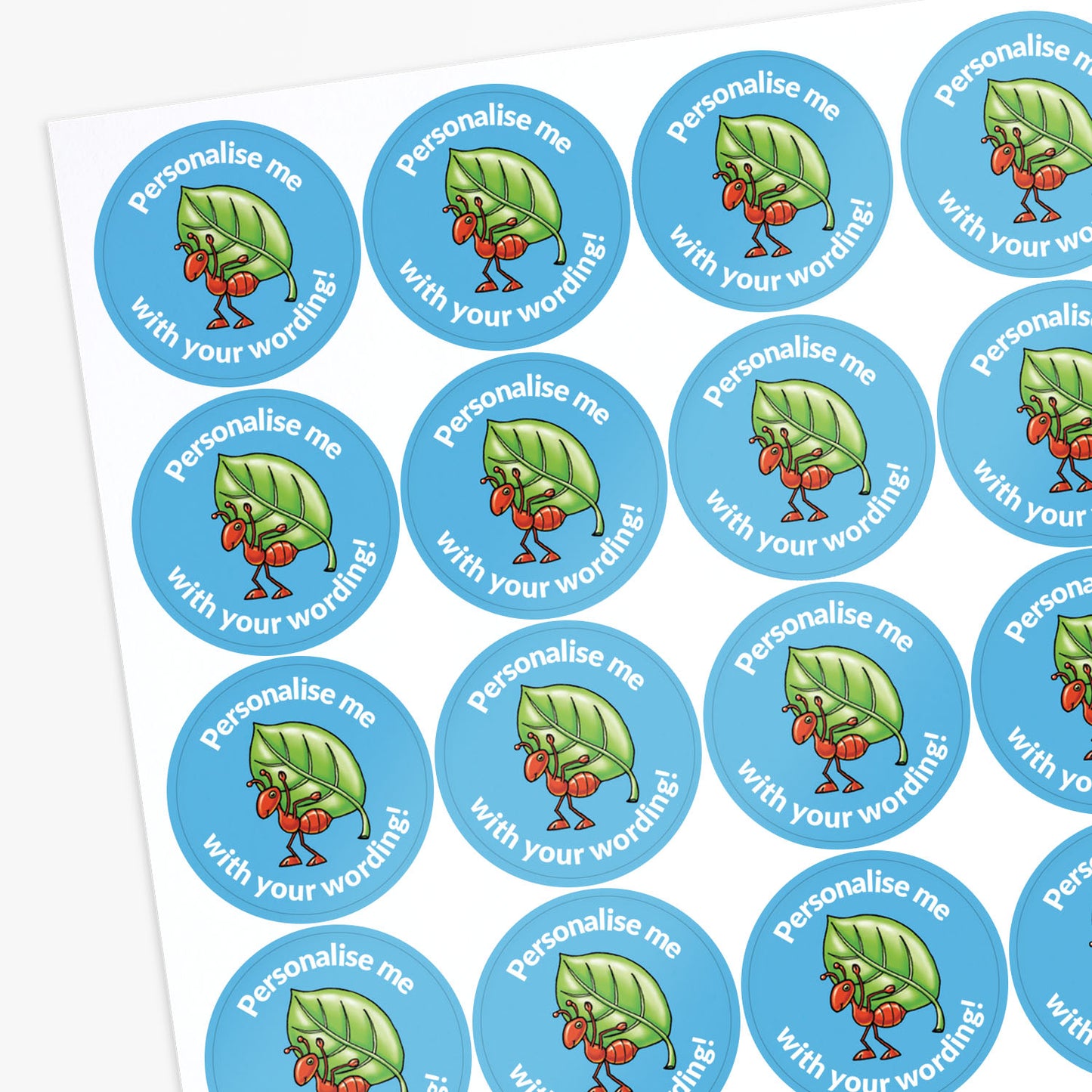 Sheet of personalised stickers with cartoon ant characters on a blue background with white text.