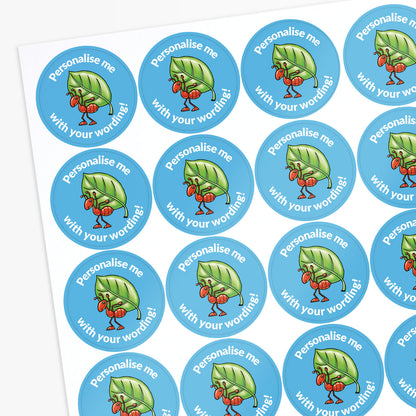 Sheet of personalised stickers with cartoon ant characters on a blue background with white text.