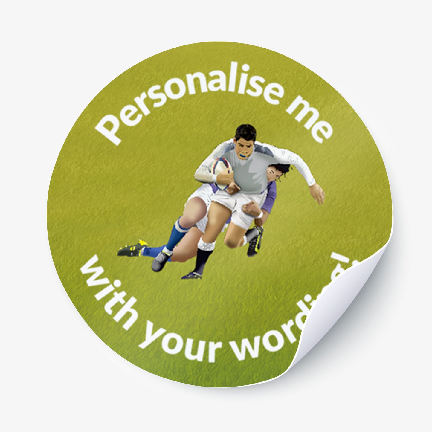 Round green sticker with rugby players and text 'Personalise me with your words!' on a white background