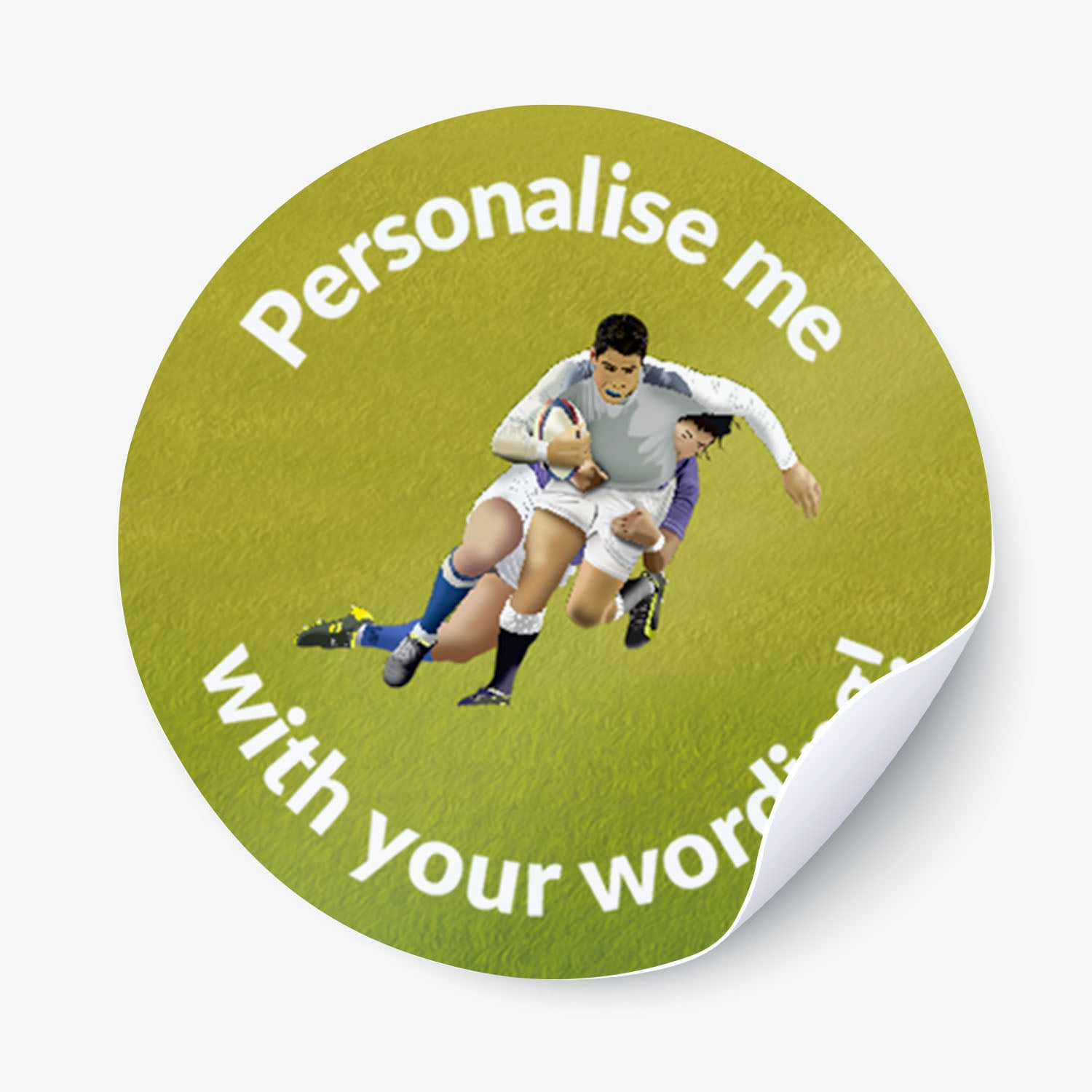 Round green sticker with rugby players and text 'Personalise me with your words!' on a white background