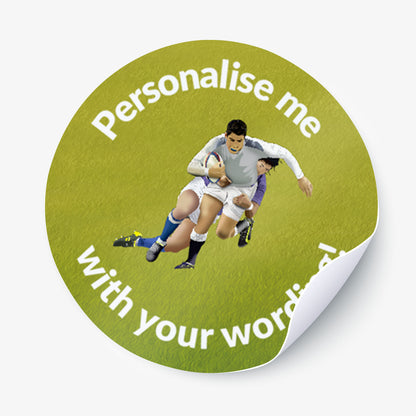 Round green sticker with rugby players and text 'Personalise me with your words!' on a white background