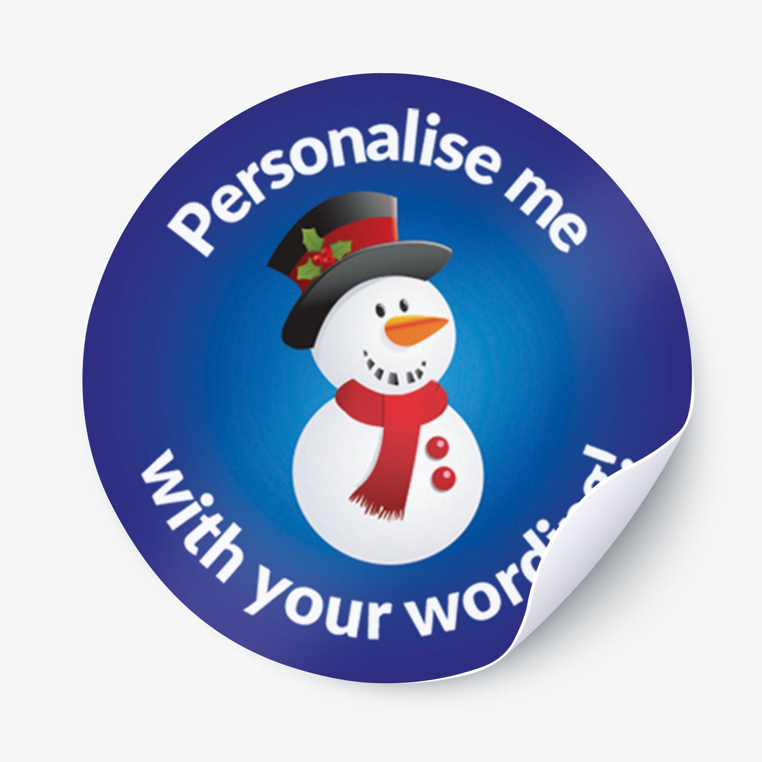 Round sticker with a snowman design and text 'Personalise me with your words!' on a blue background