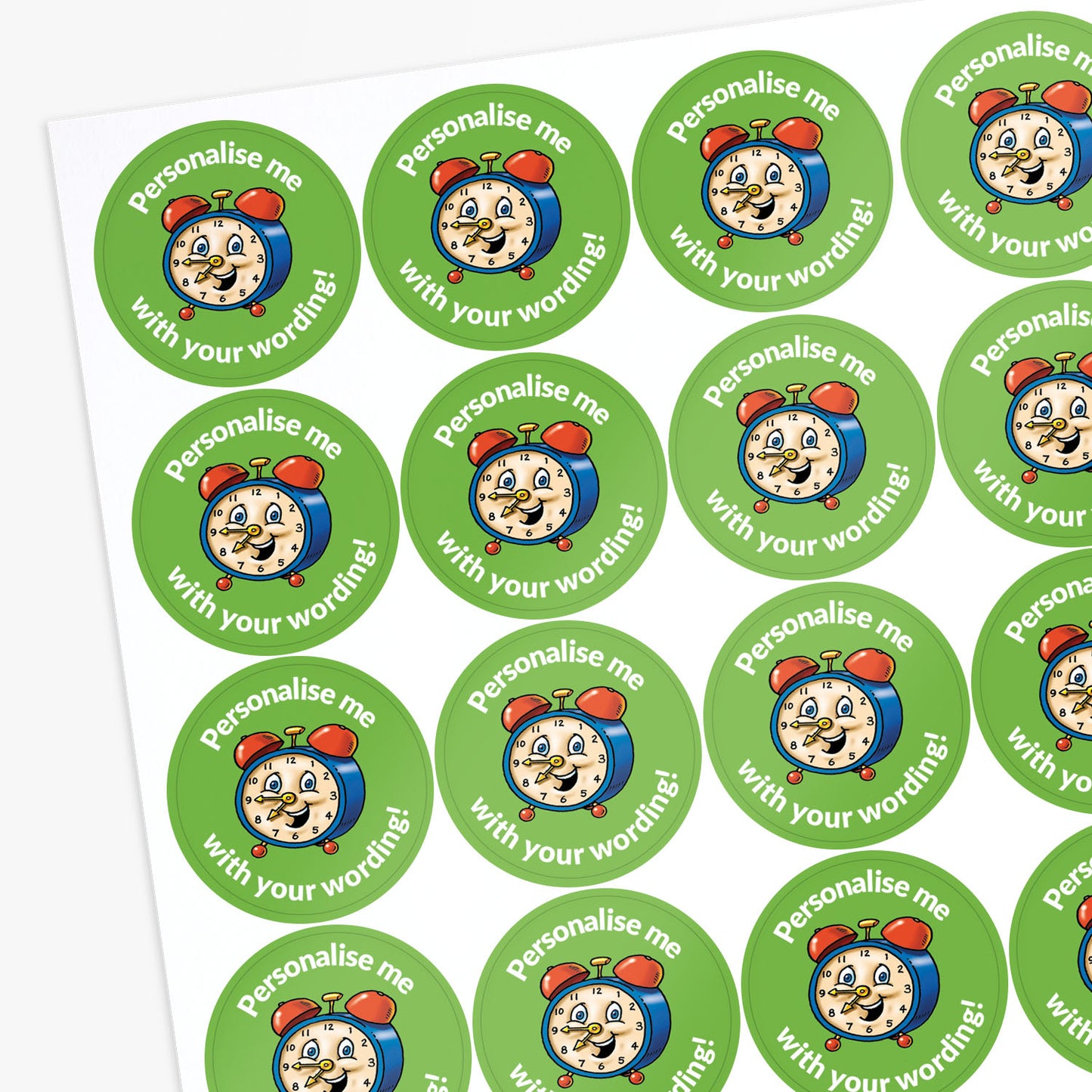 Sheet of personalised stickers with cartoon clock design and text.