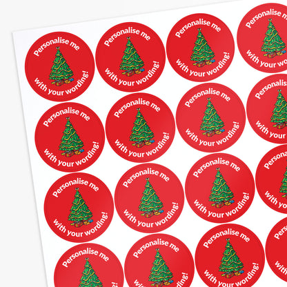 Sheet of red stickers with green Christmas trees and text on a white background