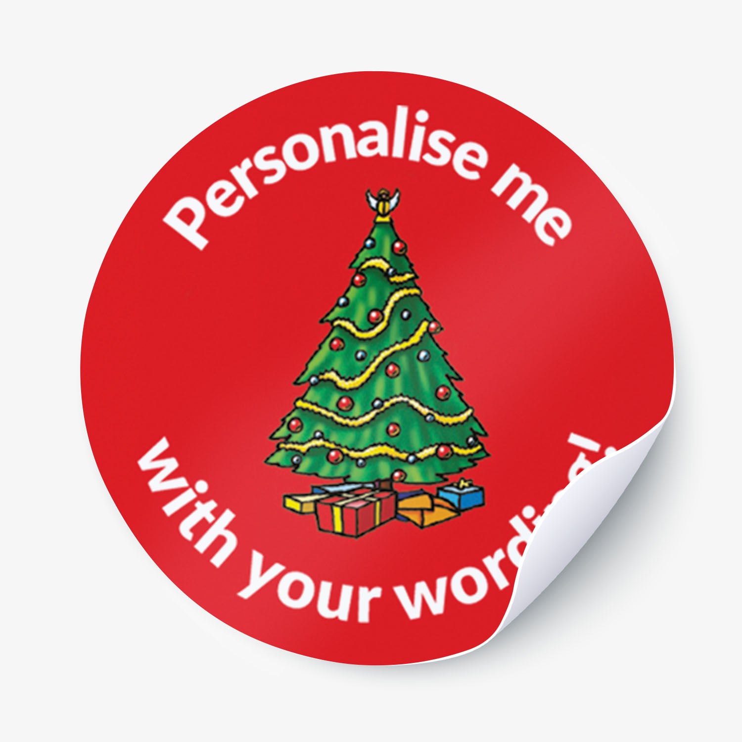Round red sticker with a Christmas tree and text 'Personalise me with your words' on a white background