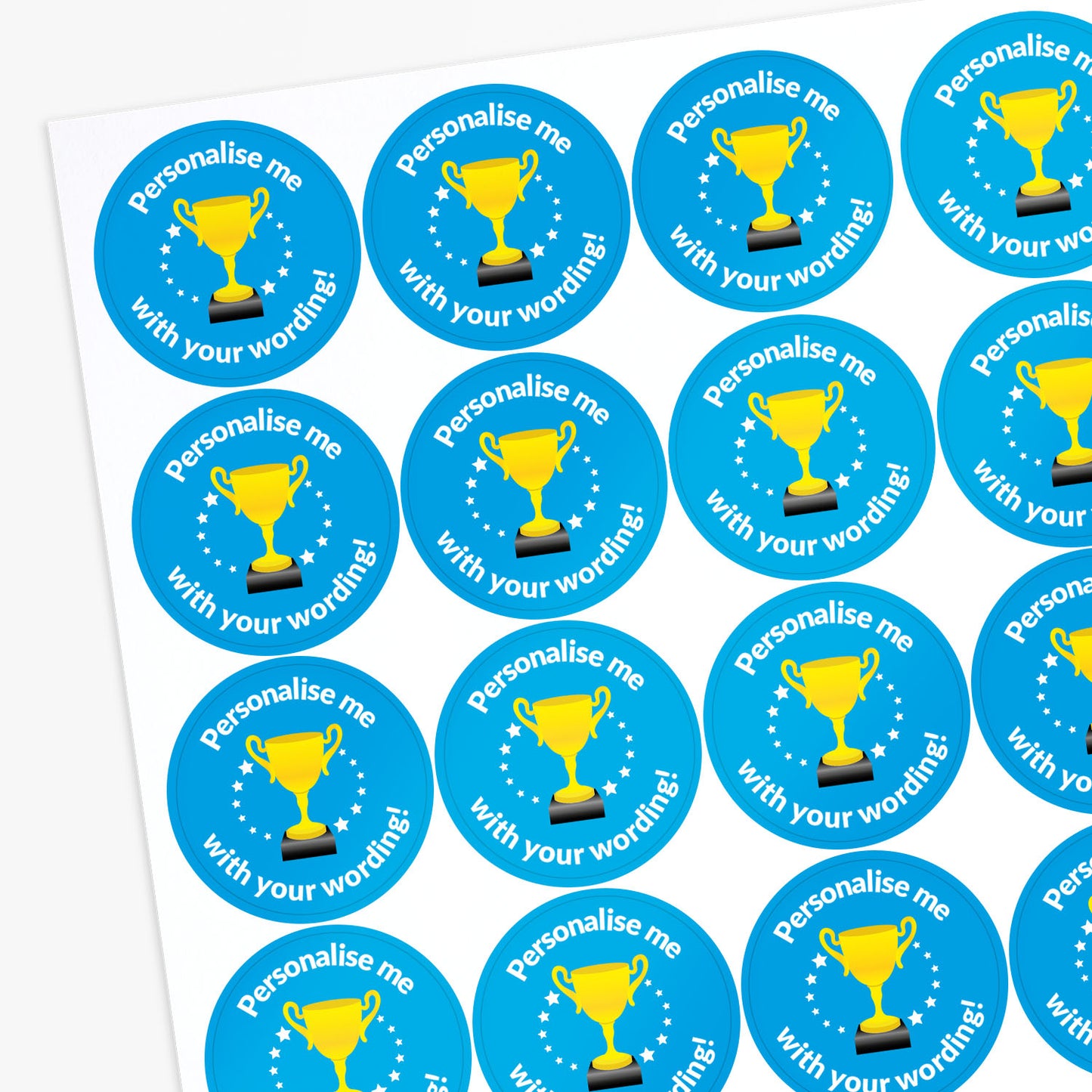 Sheet of blue stickers with gold trophies and text 'Personalise me with your wording!' on a white background.