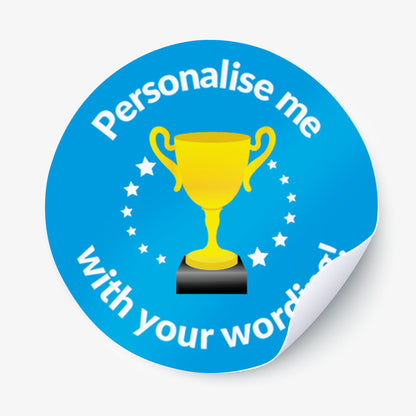 Round blue sticker with a yellow trophy graphic and text 'Personalise me with your words' on a white background.