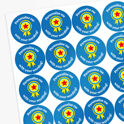 Sheet of blue stickers with red star design and text 'Personalise me with your wording!' on a white background.