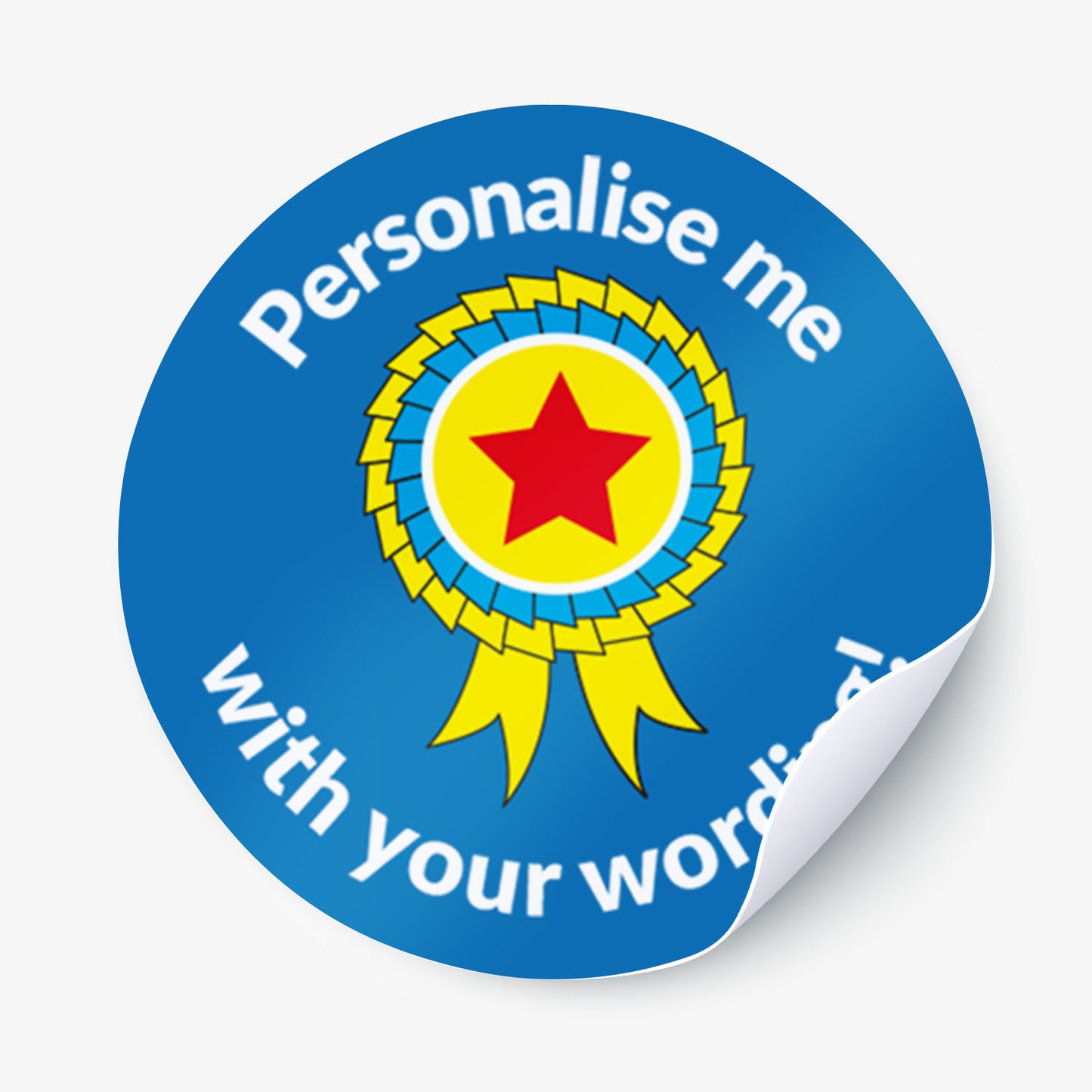 Round blue sticker with a yellow ribbon and red star, featuring text 'Personalise me with your words'.