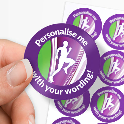 Circular stickers with a running person graphic and text 'Personalise me with your wording!' held by a hand.