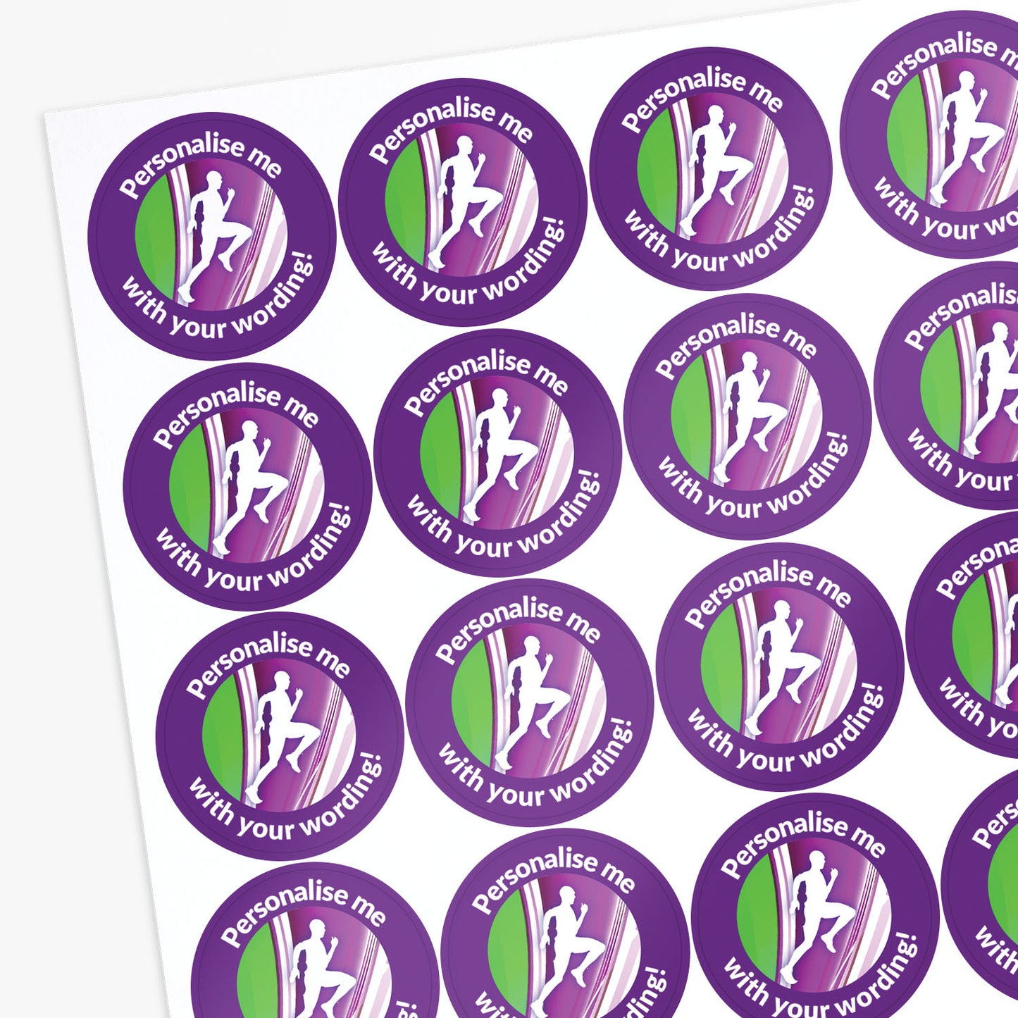 Sheet of personalized stickers with running theme and text.