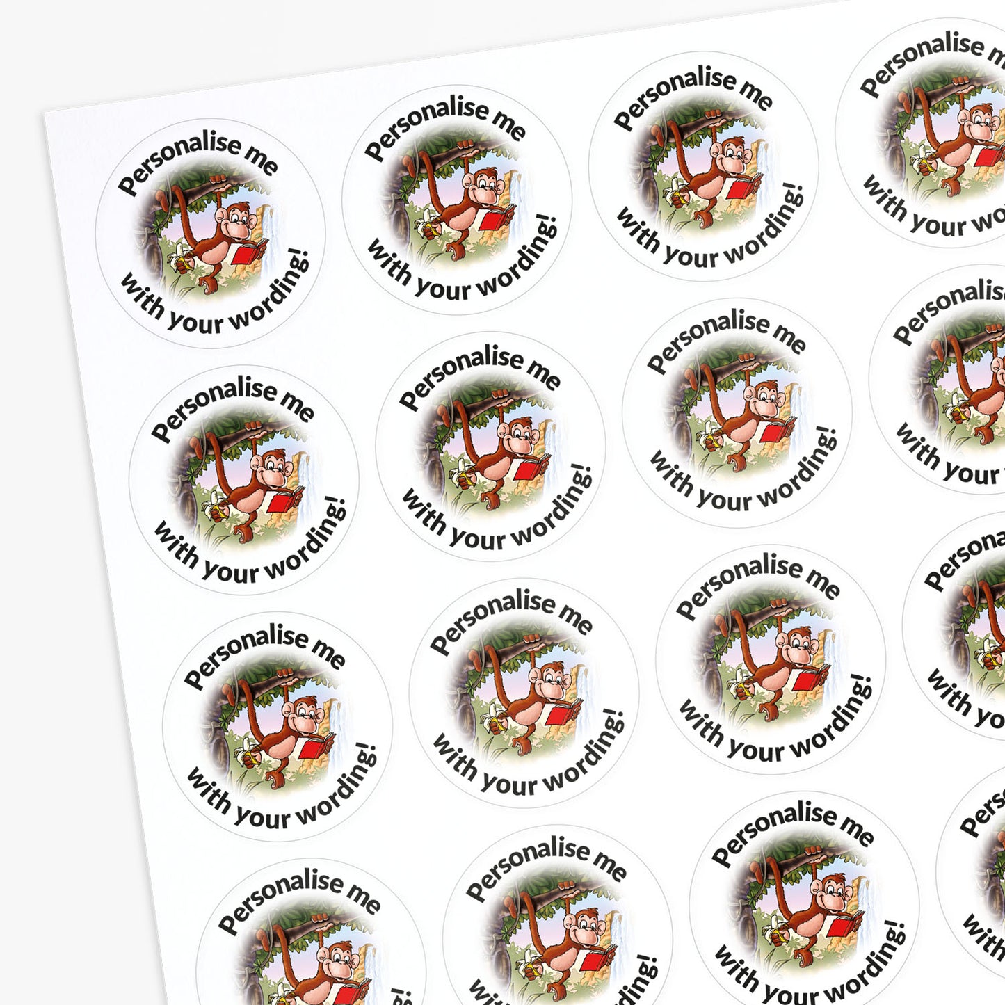 Sheet of personalized stickers with cartoon monkey design and text.