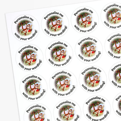 Sheet of personalized stickers with cartoon monkey design and text.