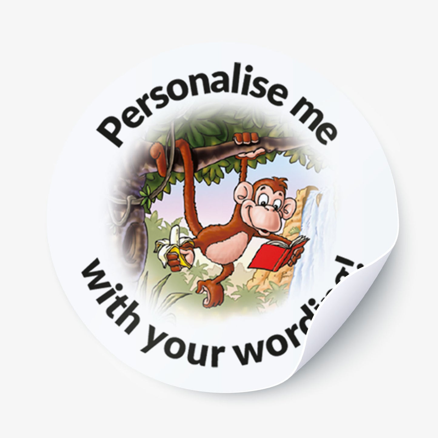 Circular sticker with a monkey reading a book, surrounded by text 'Personalise me with your word'.