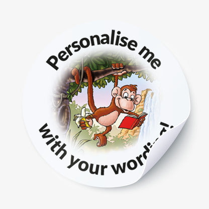 Circular sticker with a monkey reading a book, surrounded by text 'Personalise me with your word'.