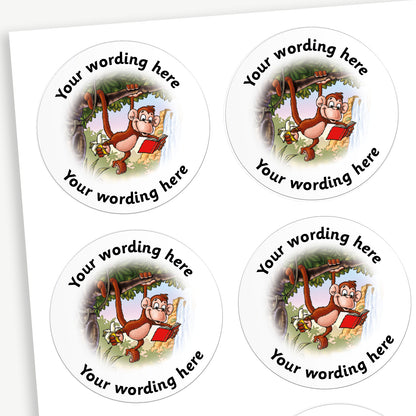 A sheet of white stickers featuring an illustration of a monkey hanging from a tree, reading a red book in the centre.  Placeholder text 'Your wording here' is above and below the image for customisation.