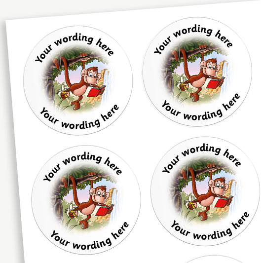 A sheet of white stickers featuring an illustration of a monkey hanging from a tree, reading a red book in the centre.  Placeholder text 'Your wording here' is above and below the image for customisation.