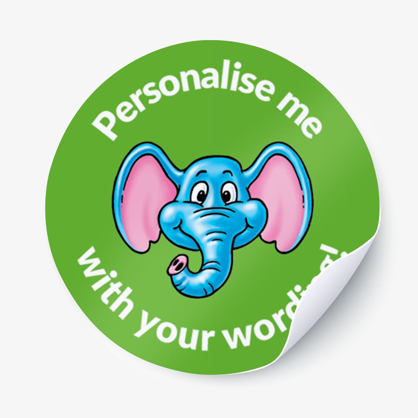 Round green sticker with a cartoon elephant and text 'Personalise me with your words' on a white background