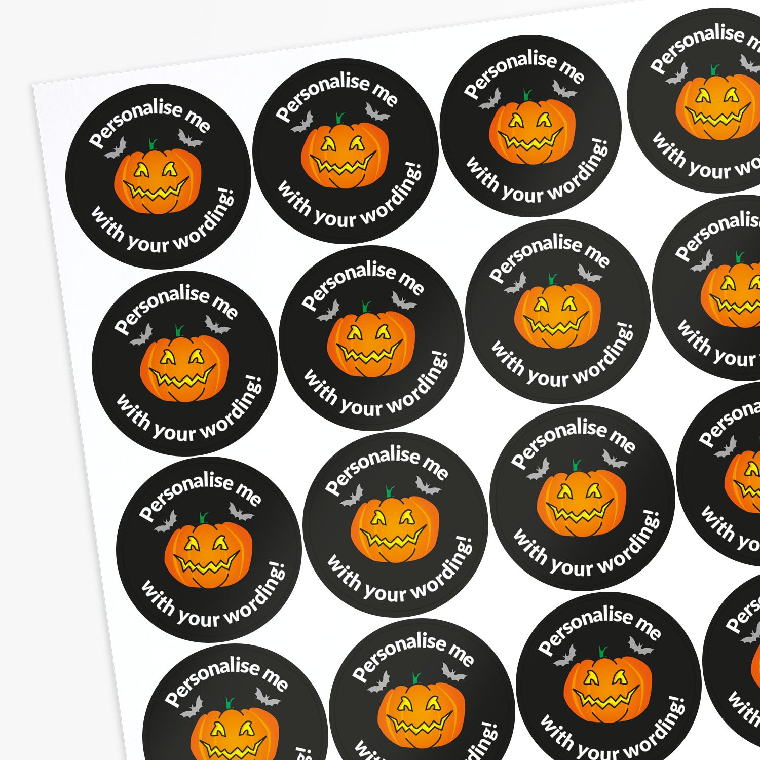 Halloween-themed stickers with pumpkins and text 'Personalise me with your wording!' on a white background.