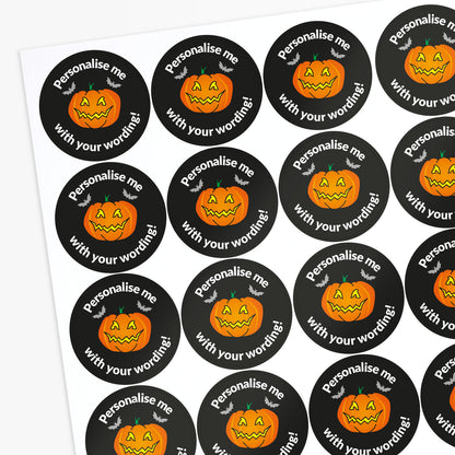 Halloween-themed stickers with pumpkins and text 'Personalise me with your wording!' on a white background.
