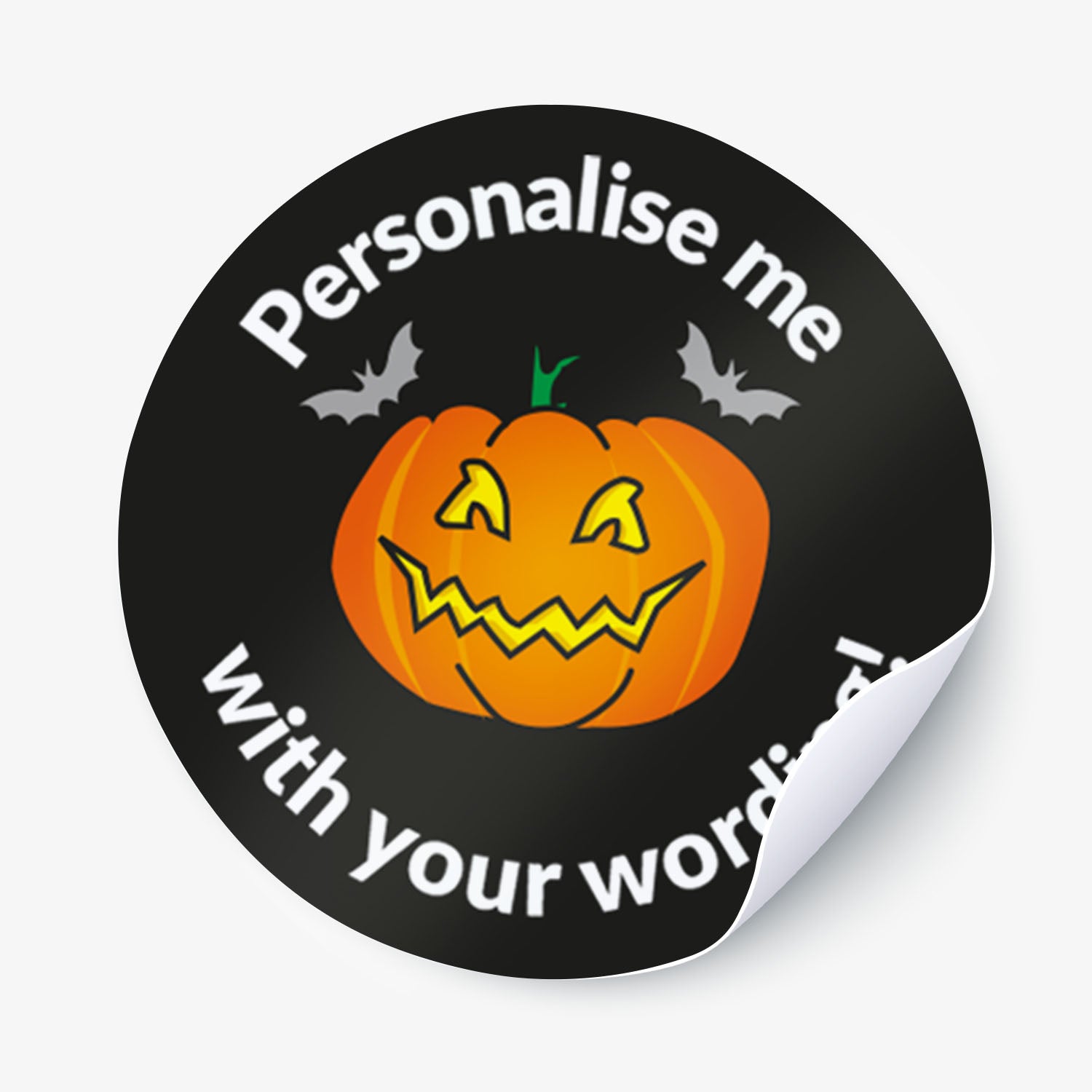 Halloween-themed sticker with a pumpkin, bats, and text 'Personalise me with your words!' on a black background.