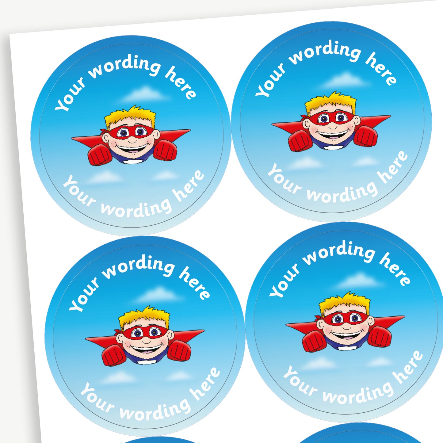 35 Personalised Flying Superhero Boy Stickers - 37mm