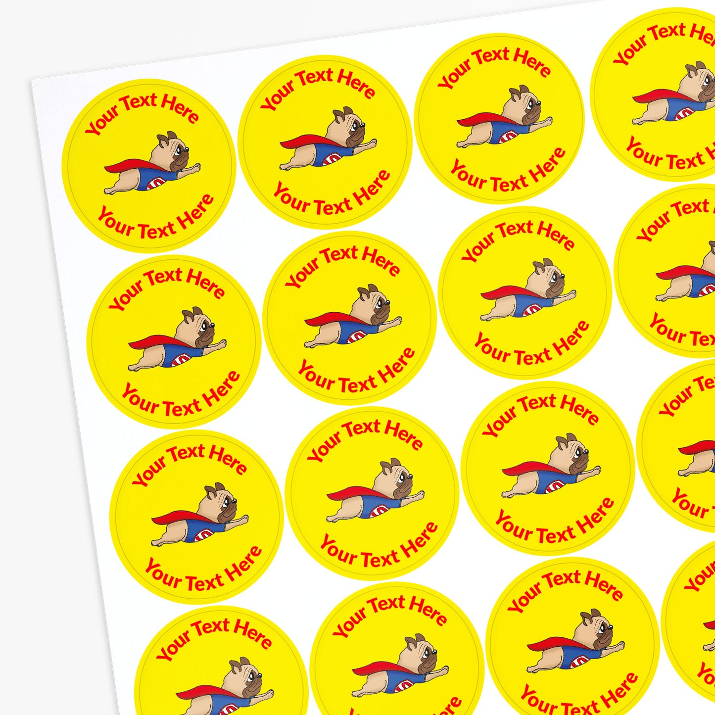 Sheet of round stickers with superhero dog design and customizable text area.