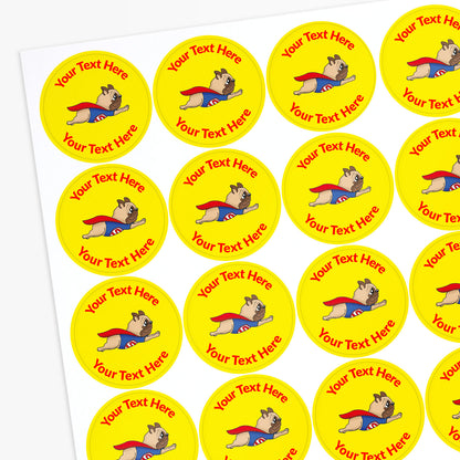 Sheet of round stickers with superhero dog design and customizable text area.
