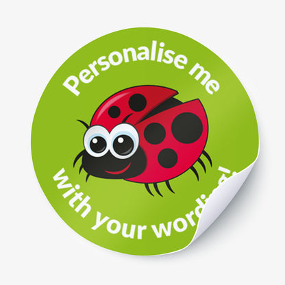Round green sticker with a red ladybug graphic and text 'Personalise me With your words' on a white background.