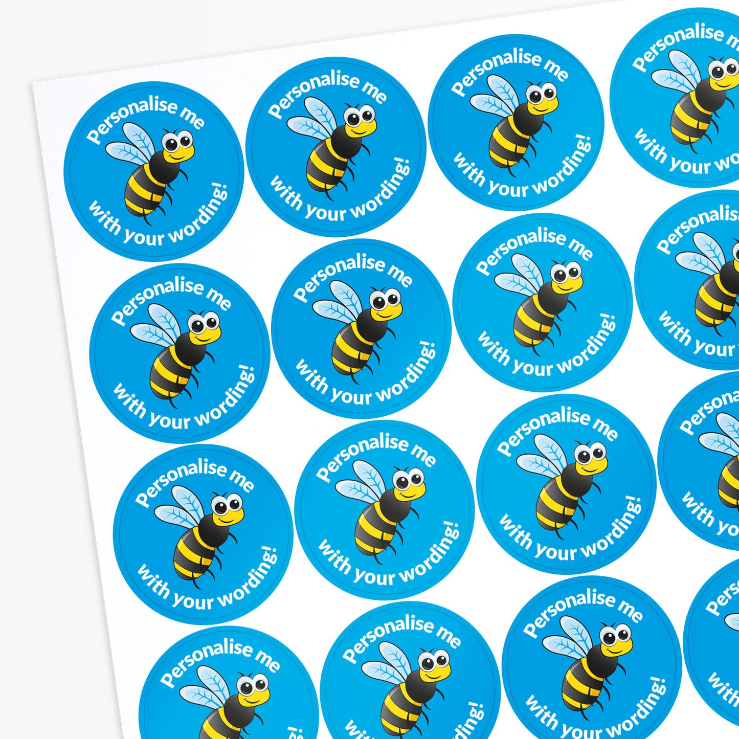 Sheet of personalized bee stickers with blue circles and yellow text.