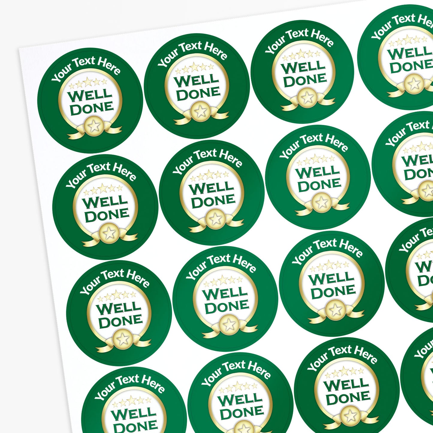 Sheet of green 'Well Done' stickers with customizable text area.
