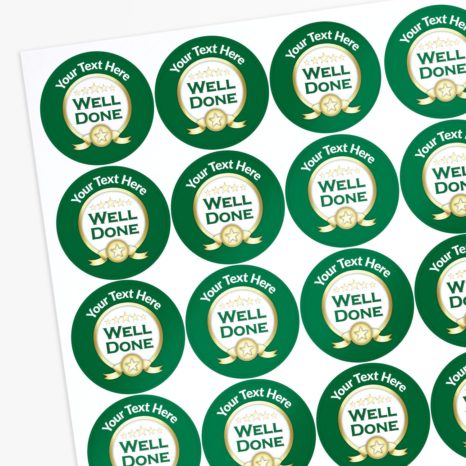 Sheet of green 'Well Done' stickers with customizable text area.