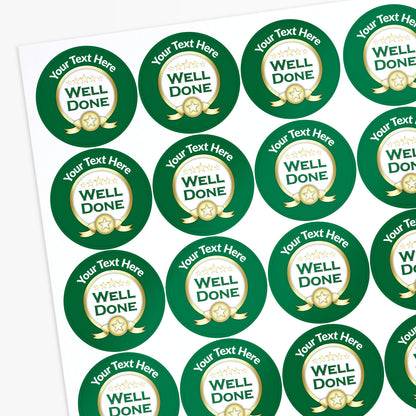 Sheet of green 'Well Done' stickers with customizable text area.