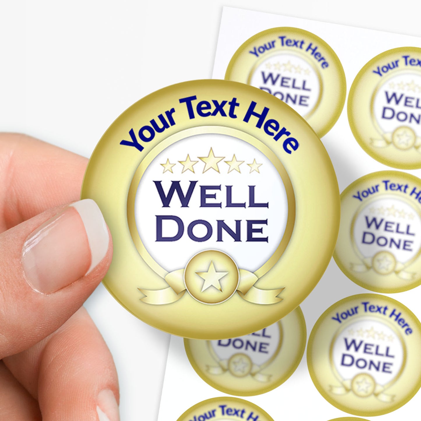 Gold and white 'Well Done' badge with customizable text, held by a hand.