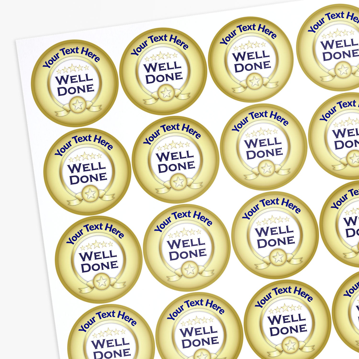 Sheet of personalized 'Well Done' stickers with customizable text.
