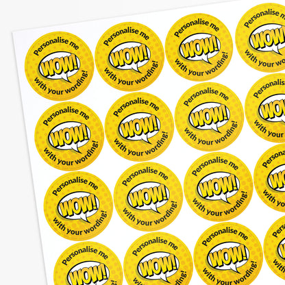 Sheet of yellow stickers with 'Wow!' text and customizable text area.