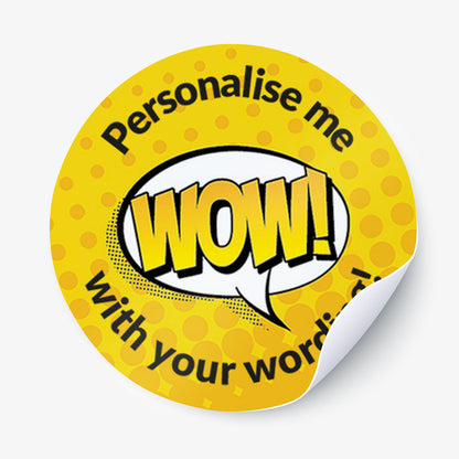 Yellow round sticker with 'WOW!' text and text 'Personalise me with your word' on a white background