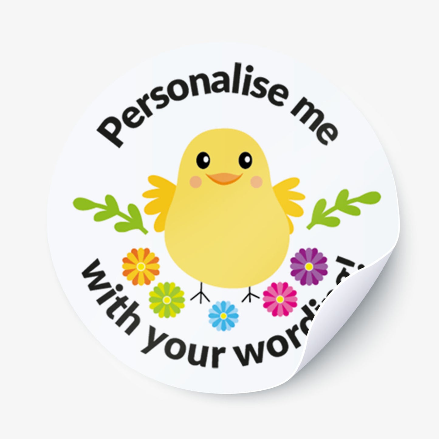 Round sticker with a yellow chick illustration and text 'Personalise me with your word' on a white background