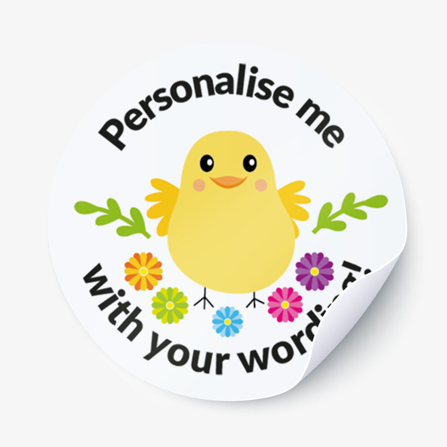 Round sticker with a yellow chick illustration and text 'Personalise me with your word' on a white background