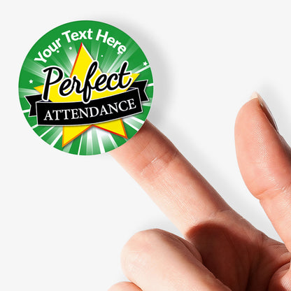 Customizable 'Perfect Attendance' sticker held by a finger on a white background