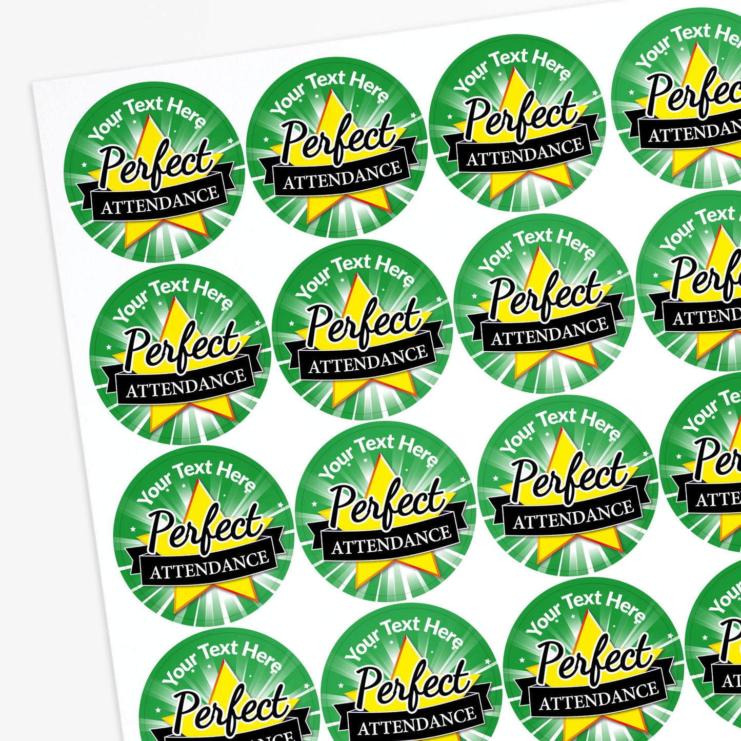 Sheet of 'Perfect Attendance' stickers with customizable text area.