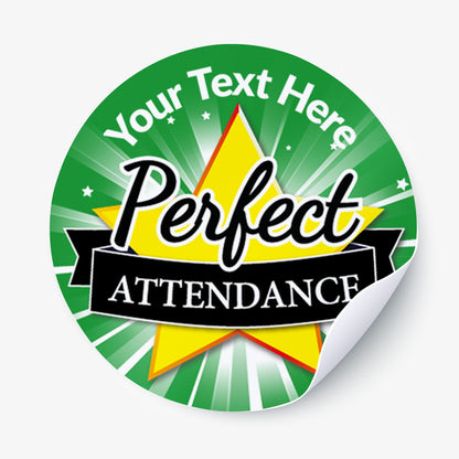 Round sticker with 'Perfect Attendance' text on a green and yellow background