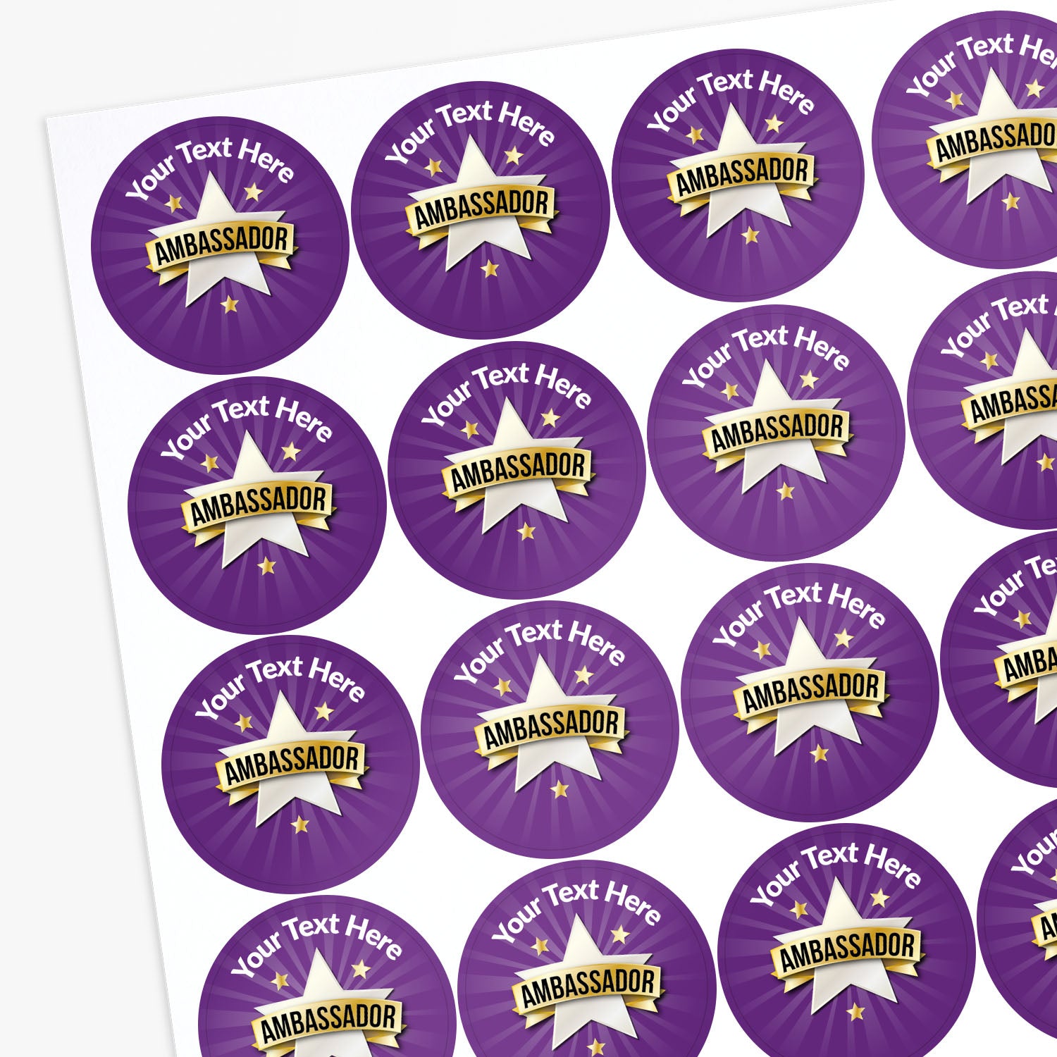 Sheet of purple 'Ambassador' stickers with customizable text