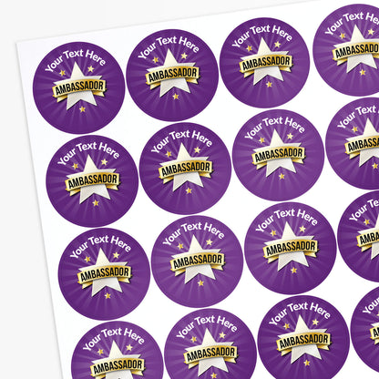 Sheet of purple 'Ambassador' stickers with customizable text