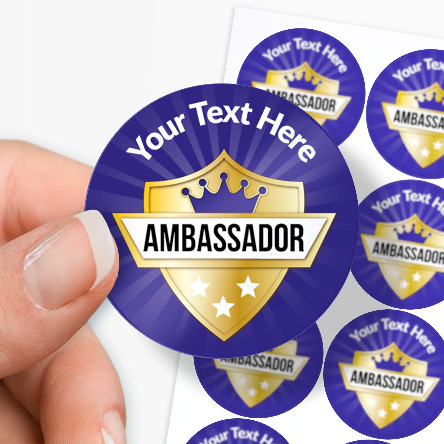 Personalizable 'Ambassador' sticker with customizable text on a blue background