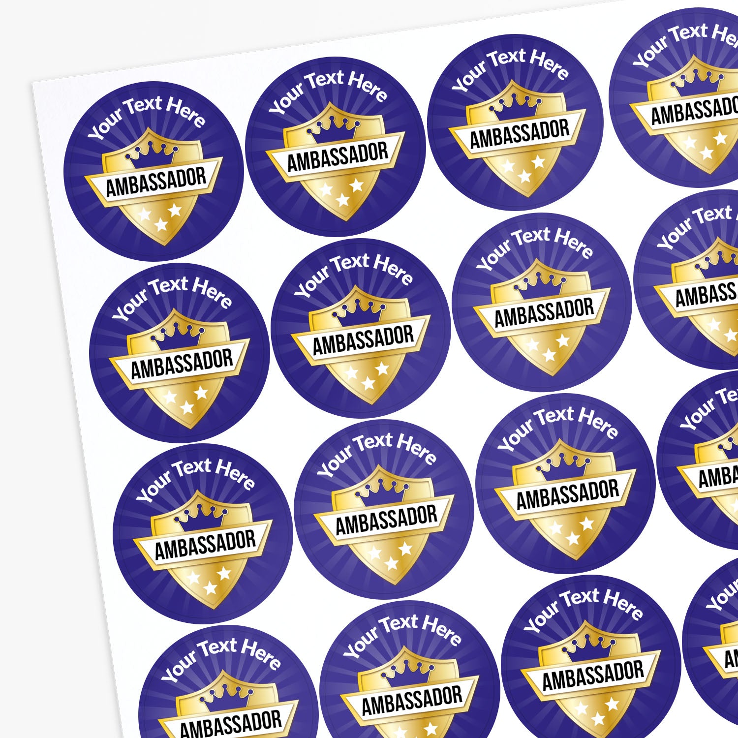 Sheet of customizable 'Ambassador' stickers with text placeholder