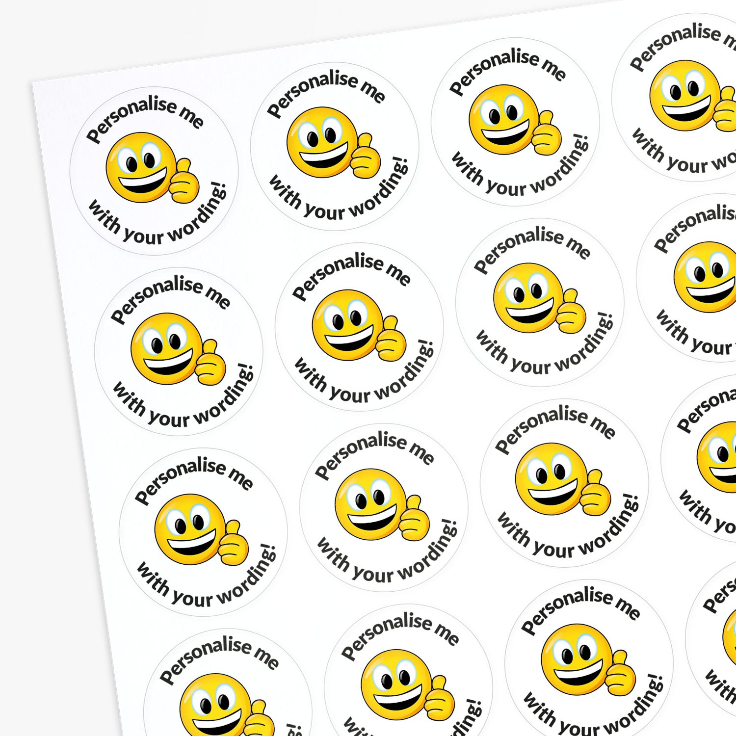 Sheet of personalized smiley face stickers with customizable text.
