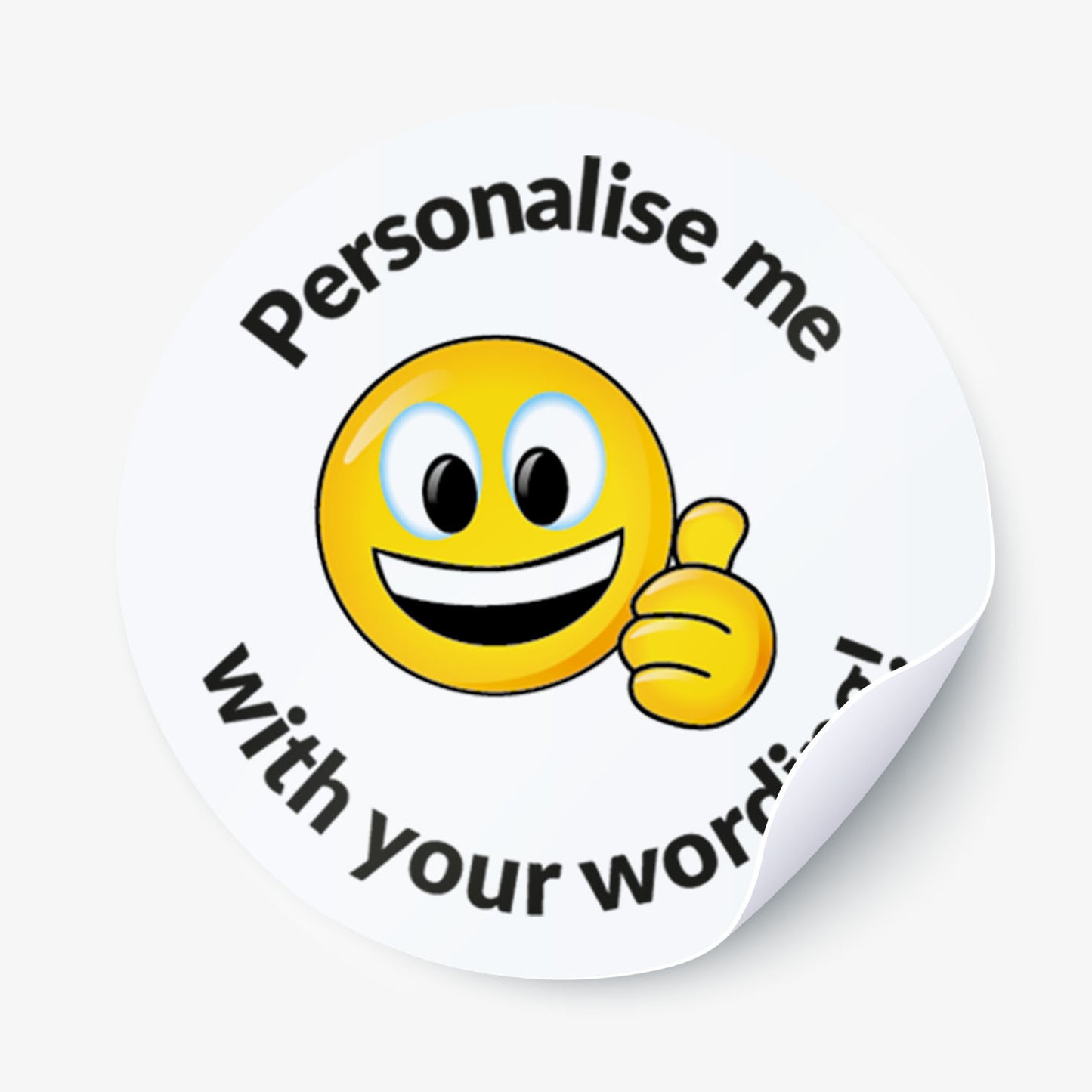 Emoticon sticker with text 'Personalise me with your word' on a white background