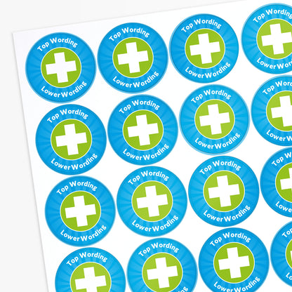 Sheet of round stickers with green crosses and text on a white background