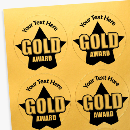 Gold award stickers with customizable text on a gold background